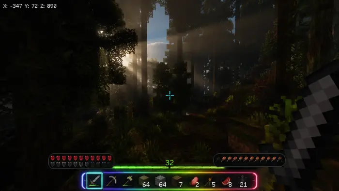 RGB hotbar and cyan crosshair in forest scene