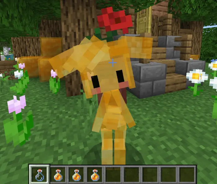 Cute yellow companion with a red flower.