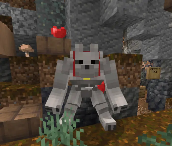 Blocky robotic dog companion with red cape.