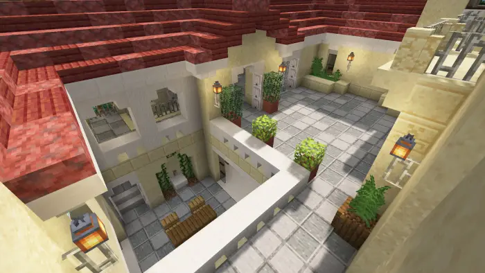 Italian villa courtyard with potted plants