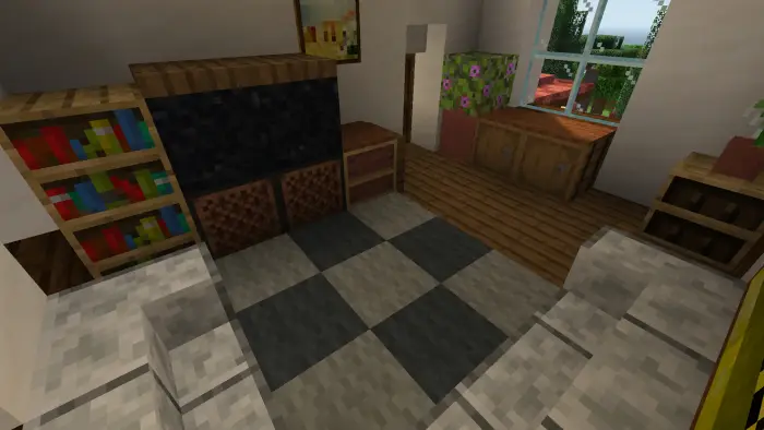 Cozy villa living room with bookshelves