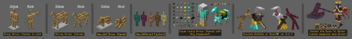1. Armor stands animated in combat poses 2. Horse-shaped armor stands in rows 3. Wolf-shaped armor stands grouped together 4.