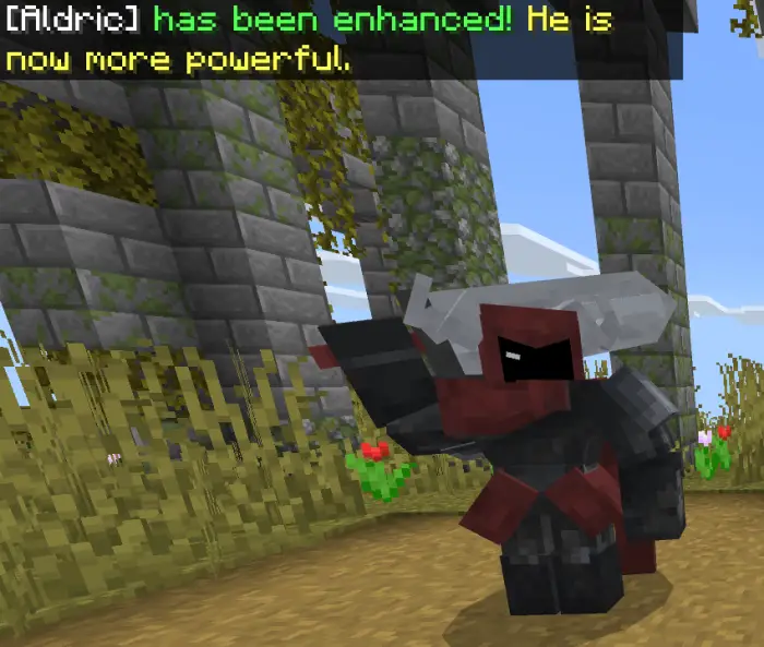 Armored companion wields sword near ruins