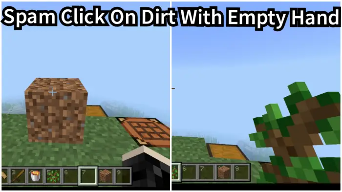 Left Dirt block on grass platform Right Player holding a sapling