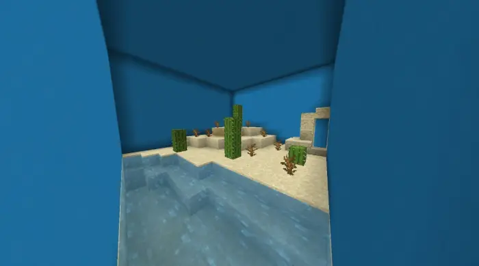 Desert biome with sand, cacti, and water.