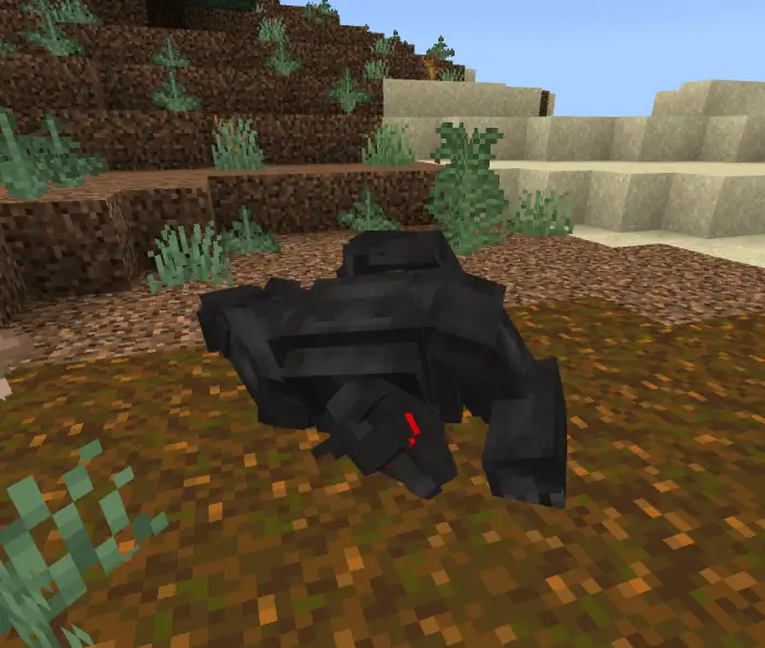 Blocky black creature companion lying down