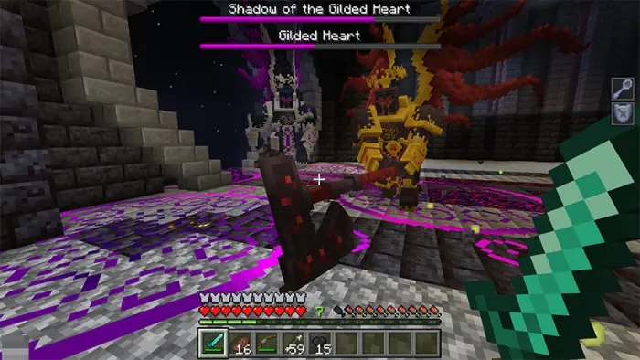 Boss fight with armored stands and weapons.