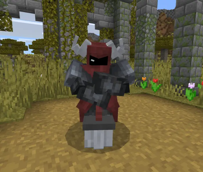 Armored companion with horns stands in ruins.