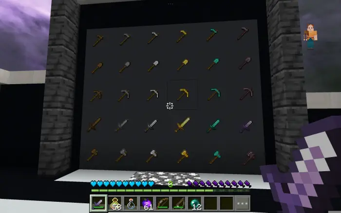 Grid of custom purple-themed tools and swords