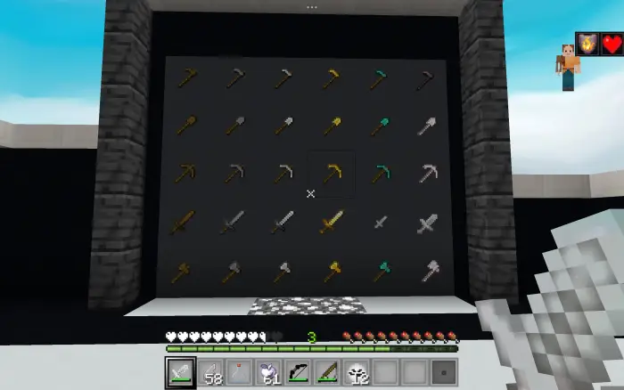 Grid of pixelated tools and swords displayed