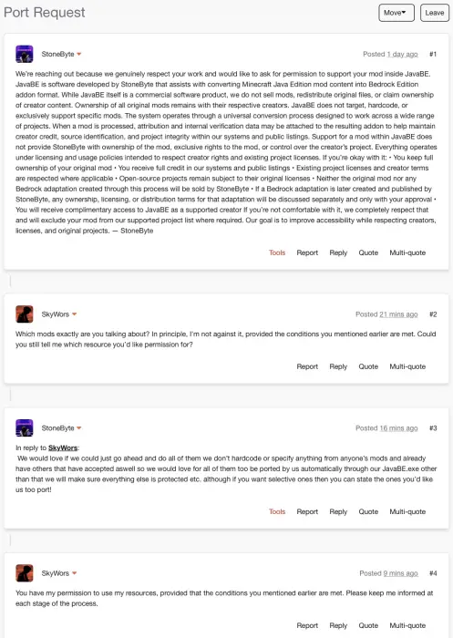 Four users discuss mod port permissions.