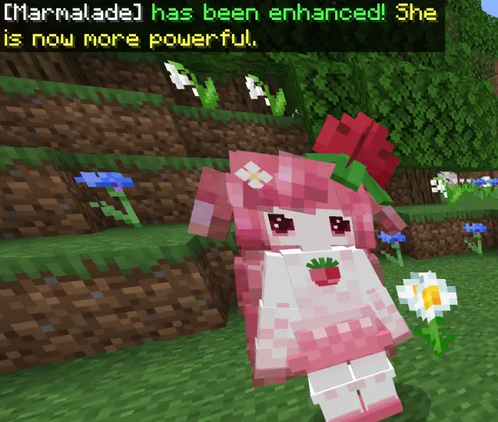 Pink companion character stands in grass.