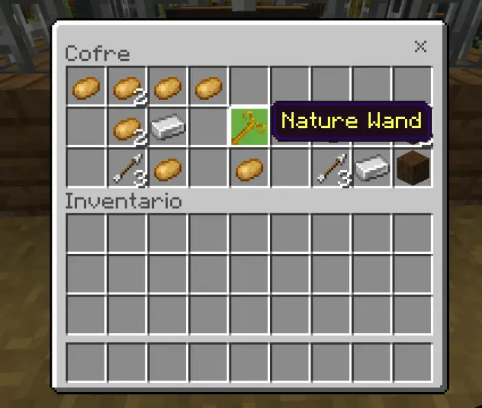 Chest with food, iron, and Nature Wand.