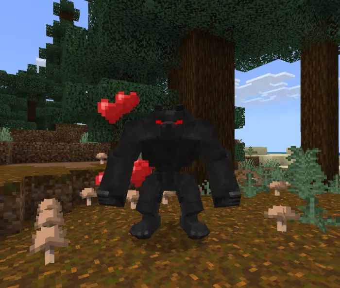 Blocky black companion with red eyes and hearts