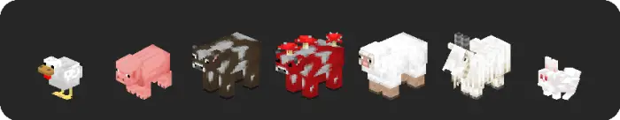 Blocky farm animals lined up on a dark background