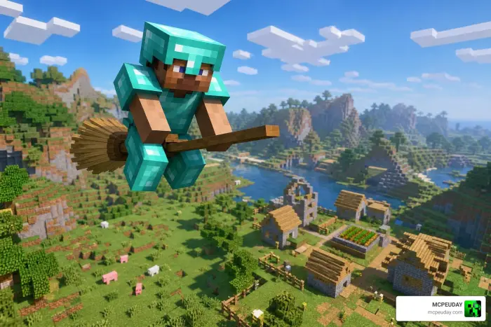 Character in diamond armor flying on broomstick