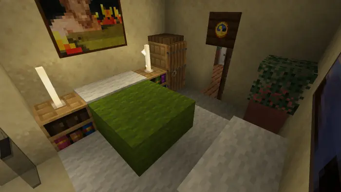 Cozy bedroom with green bed and decor.