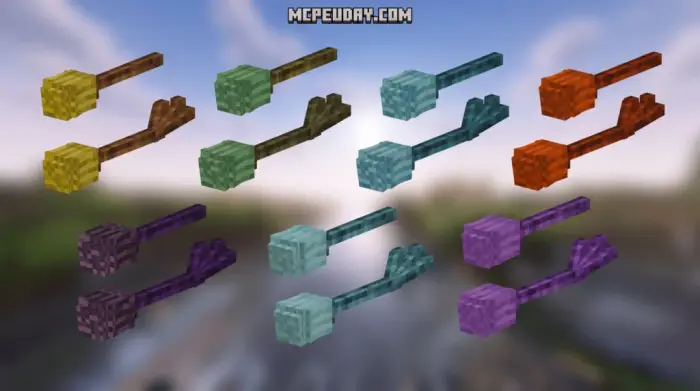 Colorful magic broomsticks in three rows