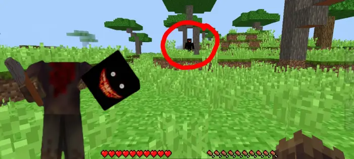 Creepy lumberjack stalks in grassy forest.