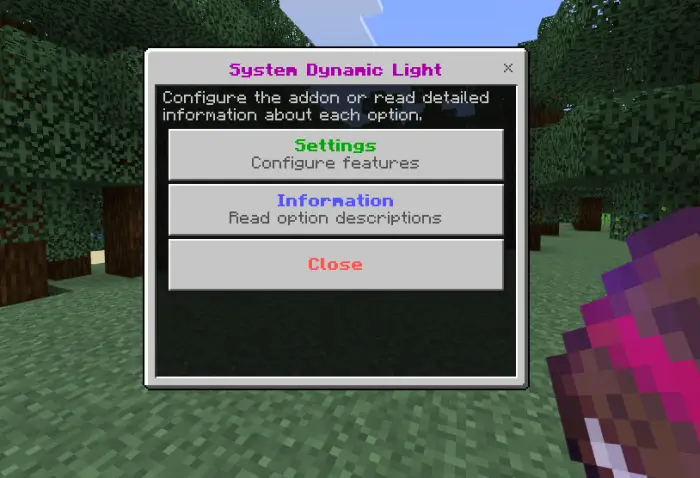 Addon settings menu open in forest scene