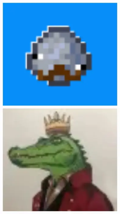 Top Pixelated fish icon Bottom Cartoon crocodile with crown