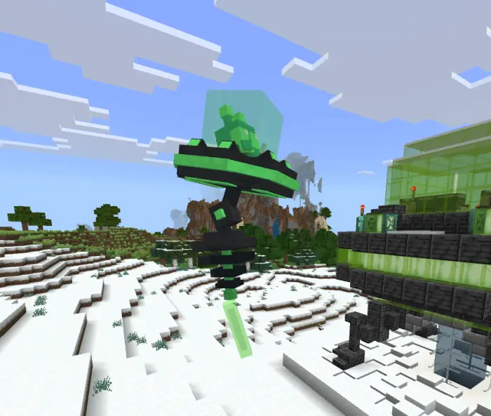 Futuristic companion hovers in snowy biome