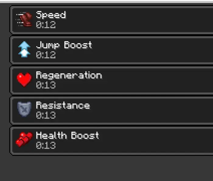 Status effects Speed, Jump, Regen, Resist, Health