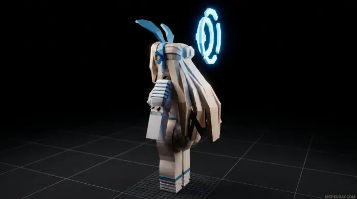 Blocky neon character model with blue accents