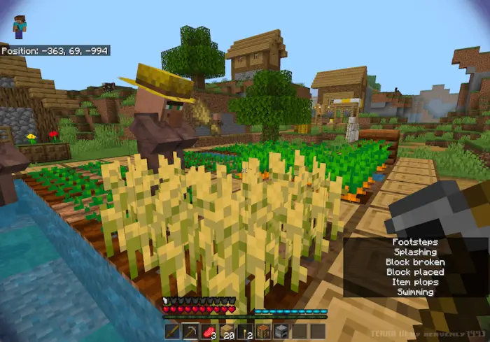 Villagers farming wheat with modern UI overlay
