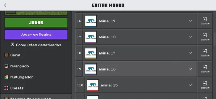 Addon menu with animal resource packs listed