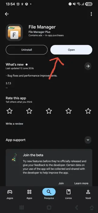 ALT File Manager app with Open button highlighted