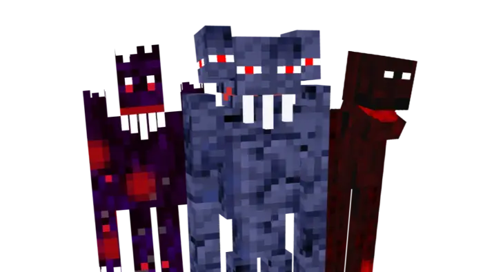 Three pixelated monsters with glowing eyes
