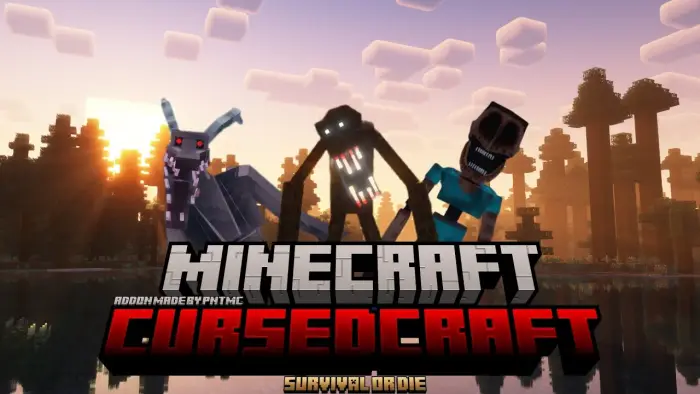 Three creepy mobs in a blocky sunset forest.