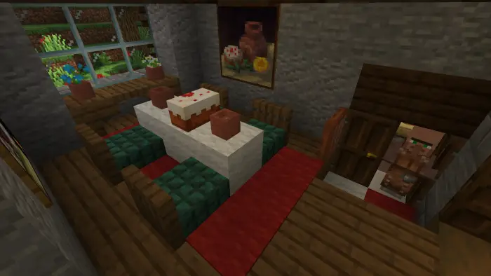 Dining area with cake and rustic decor