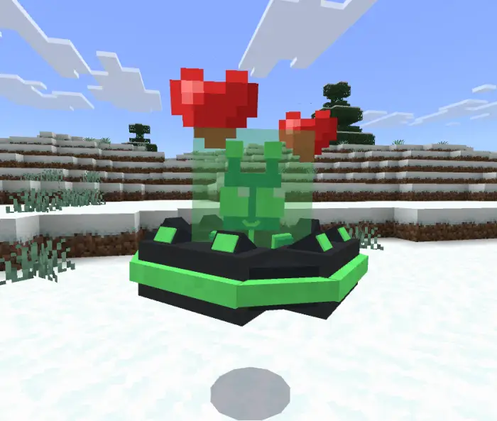 Green companion with hearts floating above.