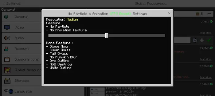 Settings menu for No Particle Animation pack
