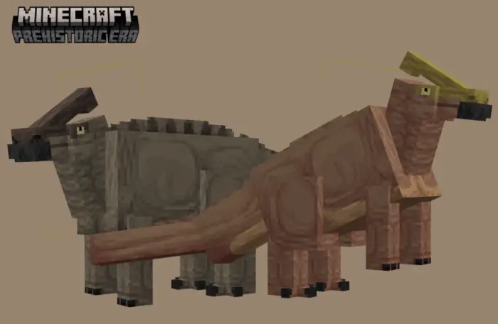 Two blocky dinosaurs stand side by side.