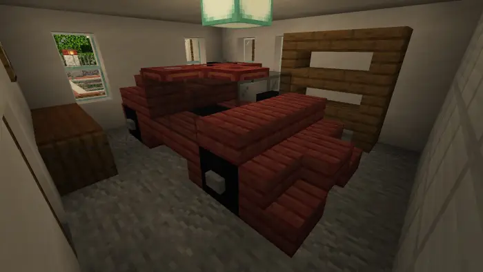 Blocky red car in a modern villa garage