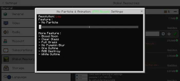 Settings menu with no particles options