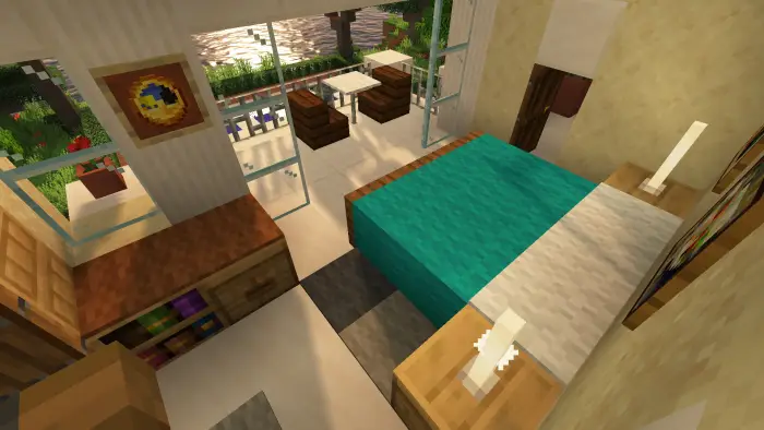 Cozy villa bedroom with sea view balcony