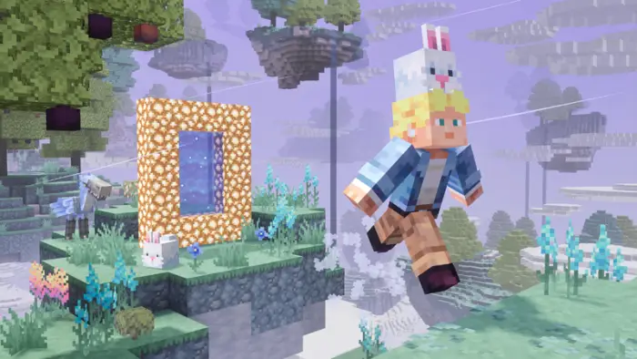 Character leaps near portal, floating islands above.