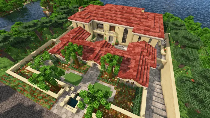 Italian villa with red roof and lush gardens