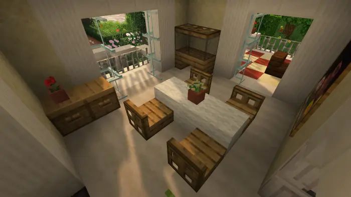 Dining area with wooden furniture and plants