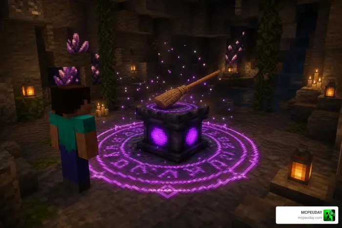 Magic broom floats above glowing ritual circle
