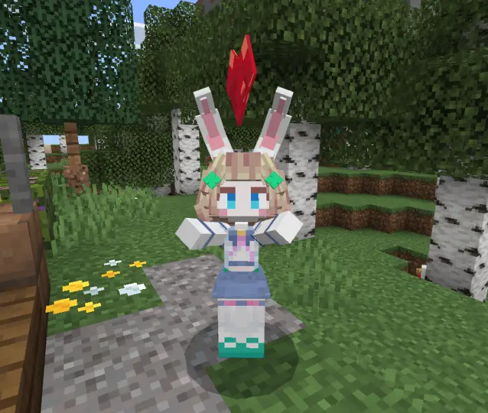 Blocky bunny-eared companion with heart icon