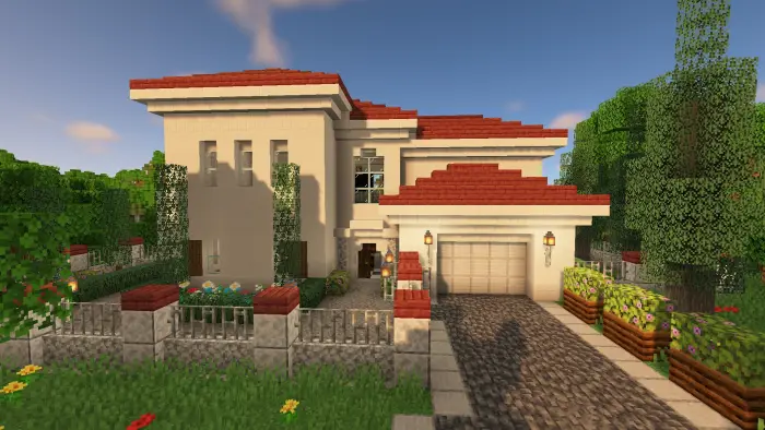 Modern waterfront villa with red roof