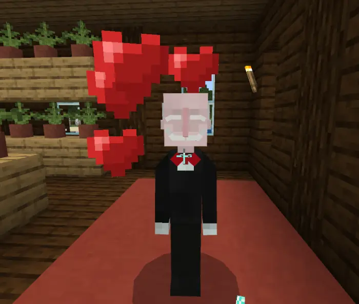 Blocky companion character with floating hearts.