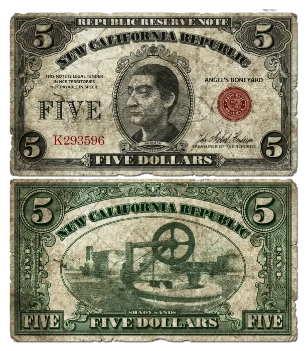 Front and back of NCR five dollar banknote
