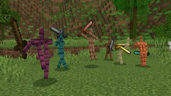Colorful armor stands wielding swords in battle