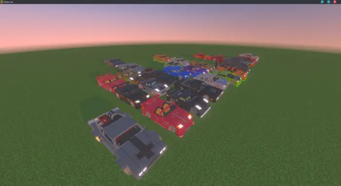 Blocky cars in various colors on green field